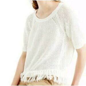 J. Crew 100% Linen Open Knit Sweater, Fringe Bottom, White XXS, Short Sleeve